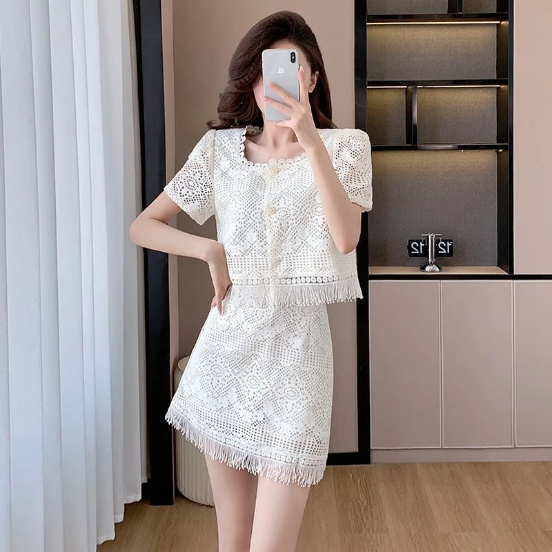 

Women's Two Skirt Piece Set Lace Y2k Streetwear Jacket The New Function of Matching Clothing Arrivals Korea Female Outfits White