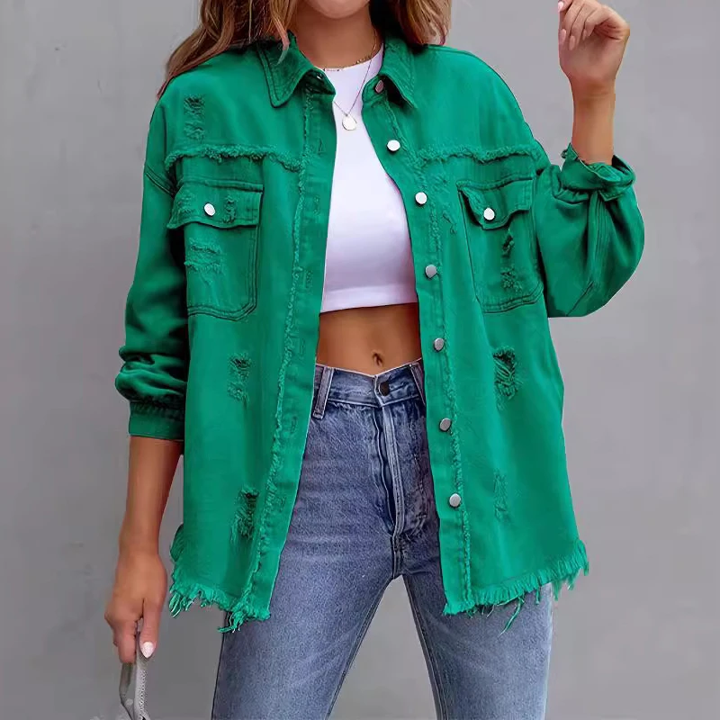 여성 데님 재킷 가을 긴 소매 턴 다운 칼라 포켓 캐주얼 디스트레스드 빈티지 찢어진 진 코트