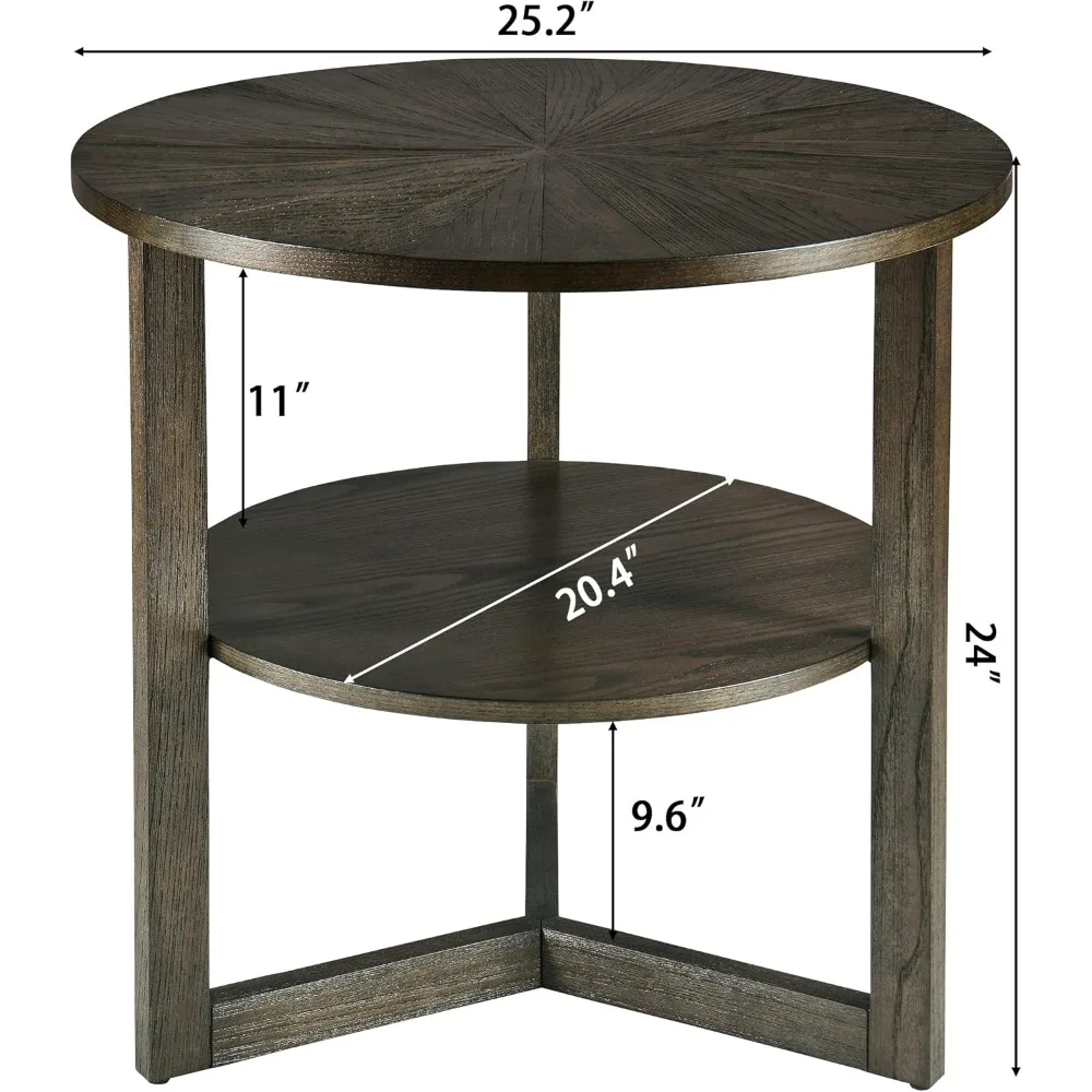 Large Round End Table, Rustic Beside Table with Umbrella Shaped Top, Traditional Circular Sofa Side Table, 25.2”D Nightstand