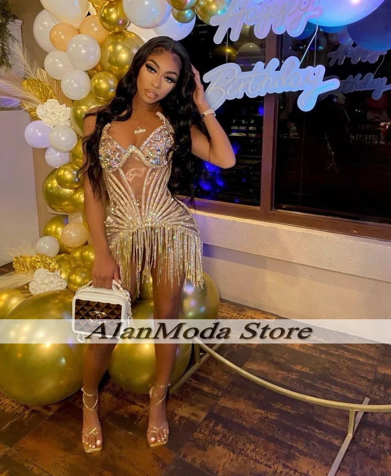 Shinny Crystal Cocktail Dress For Women Party Tassel Sweetheart Short Prom Gowns Custom Made African Girls Wear