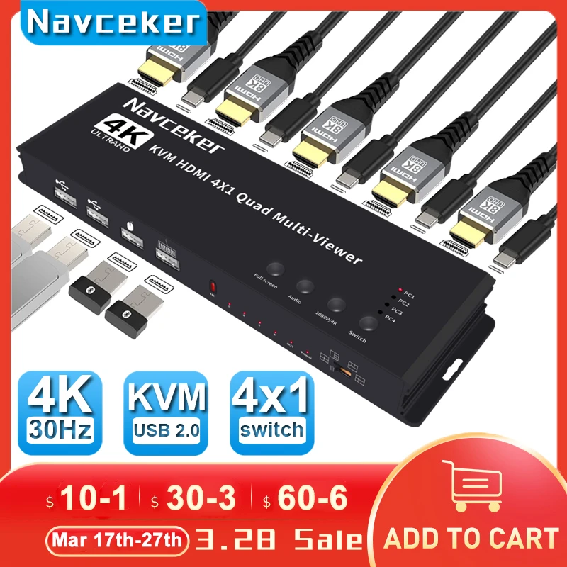 Navceker KVM HDMI-compatible Multiviewer 4K 4 In 1 Out 1080P Quad Screen Multi Viewer HDMI Multi-Viewer Seamless Switch with IR