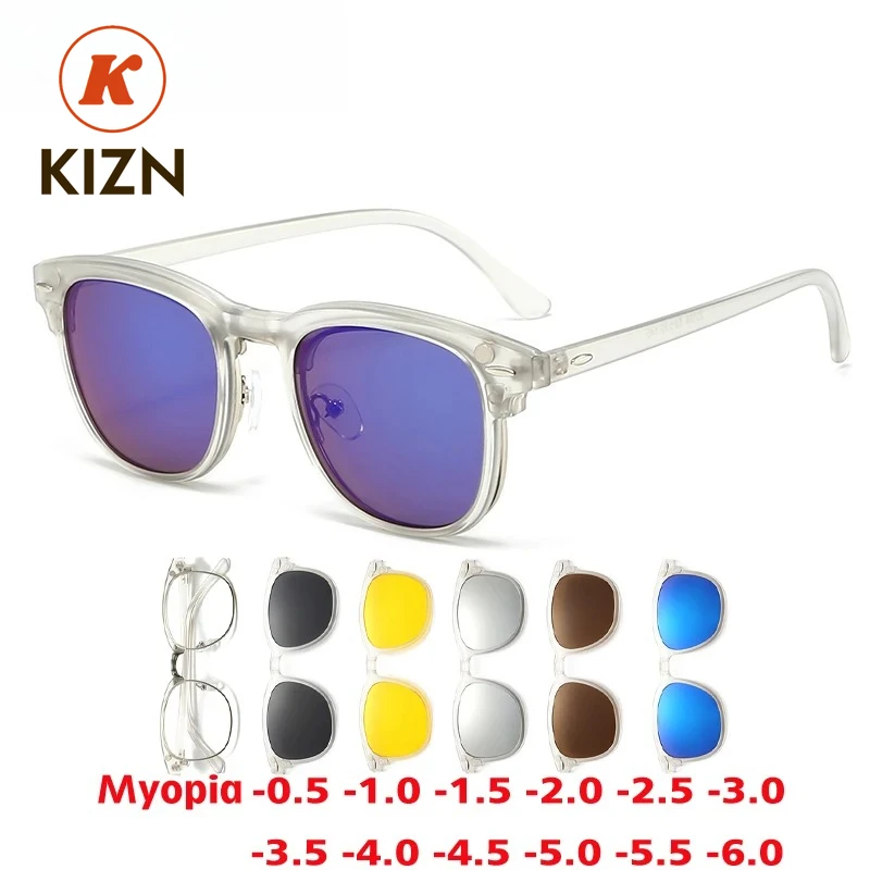 

KIZN 6 In 1 Myopia Polarized Sunglasses Transparent Grey Frame Men Women Clip Magnet Glasses Custom Optical Eyewear -0.5 to-10