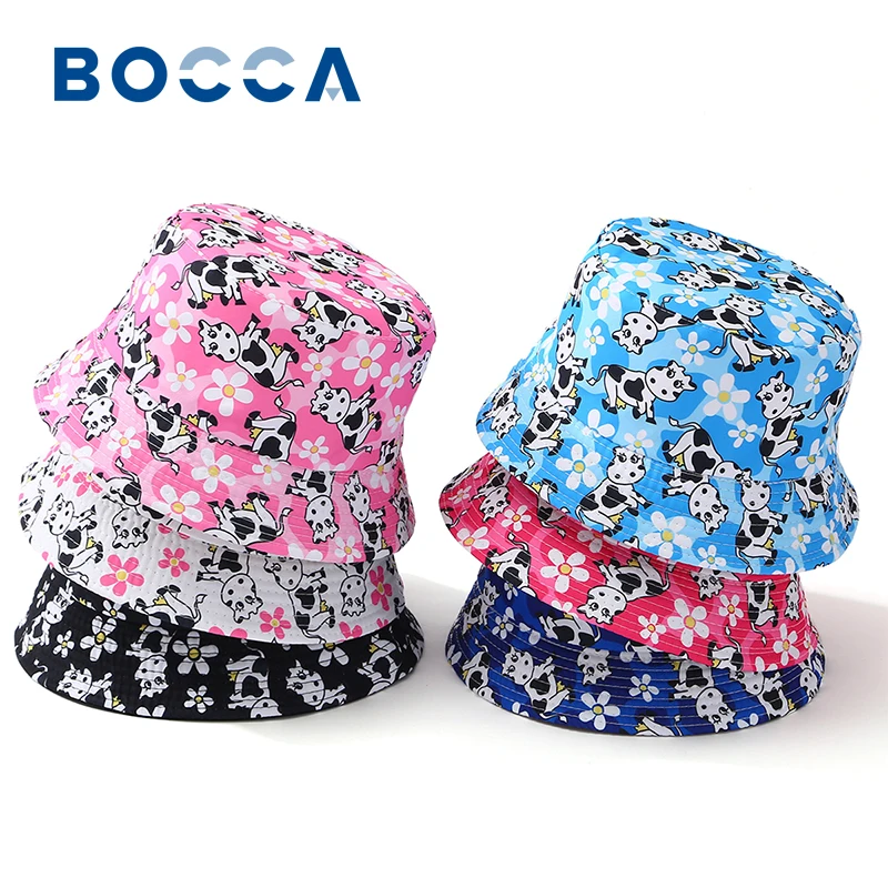 Bocca Cartoon Children Bucket Hat Cow Printing Fisherman Hats Boys Girls Kids Cap Double Sides Reversible 54cm Summer Sunscreen