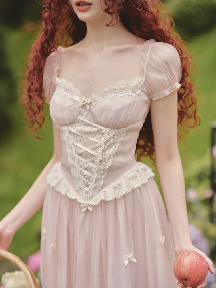 TIYIHAILEY Abito Estivo da Donna, Manica Corta a Sbuffo, Lunghezza Media, Taglie XS-XL, Vintage, Vita Alta, Collo Quadrato, Patchwork in Pizzo, Rosa