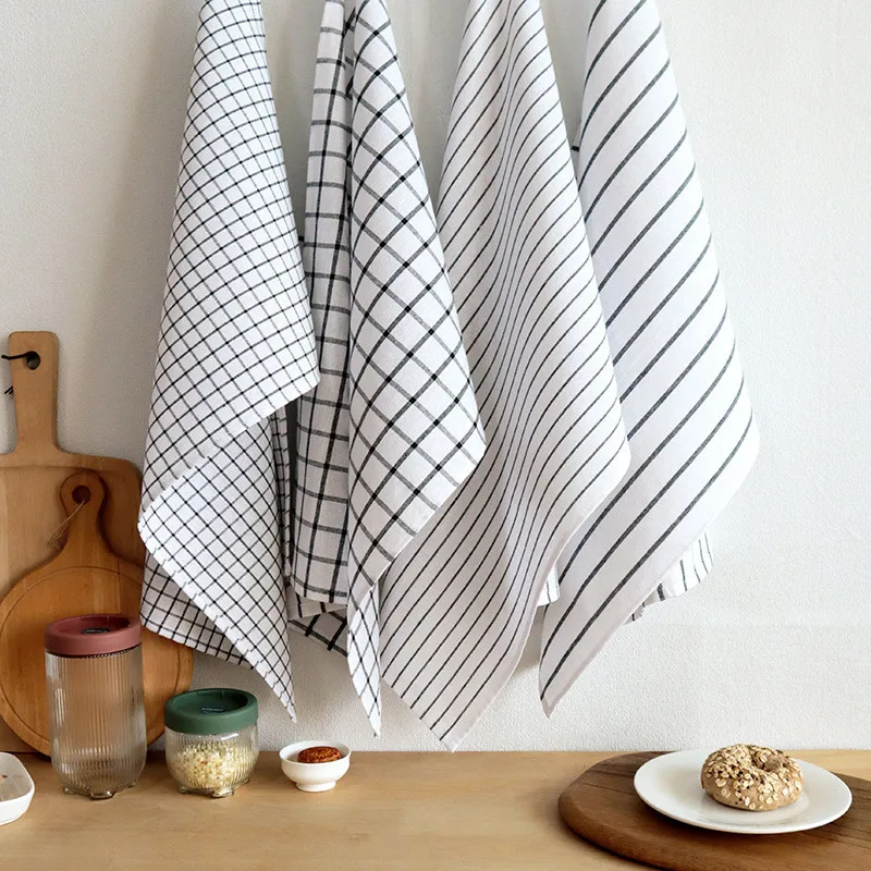 50x70cm White Black Plaid Striped Cotton Tea Towel Kitchen Dinner Table Napkin Cleaning Cloth New Year Party Gift Home Decor