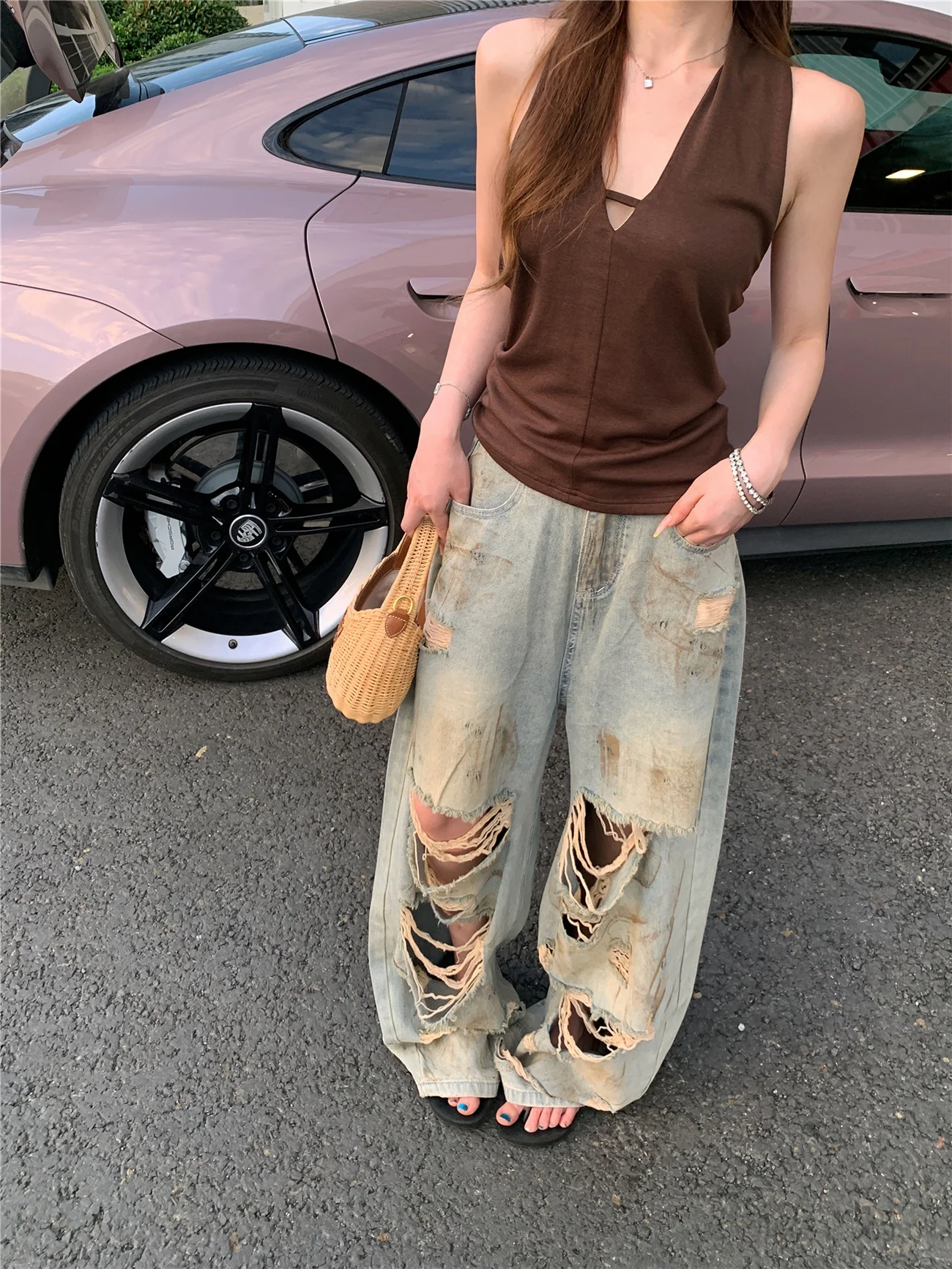 

Retro Distressed Wide Leg Jeans Women's Summer Long Pants Design Sense Straight Leg Blue Washed Denim Skinnies High Waist