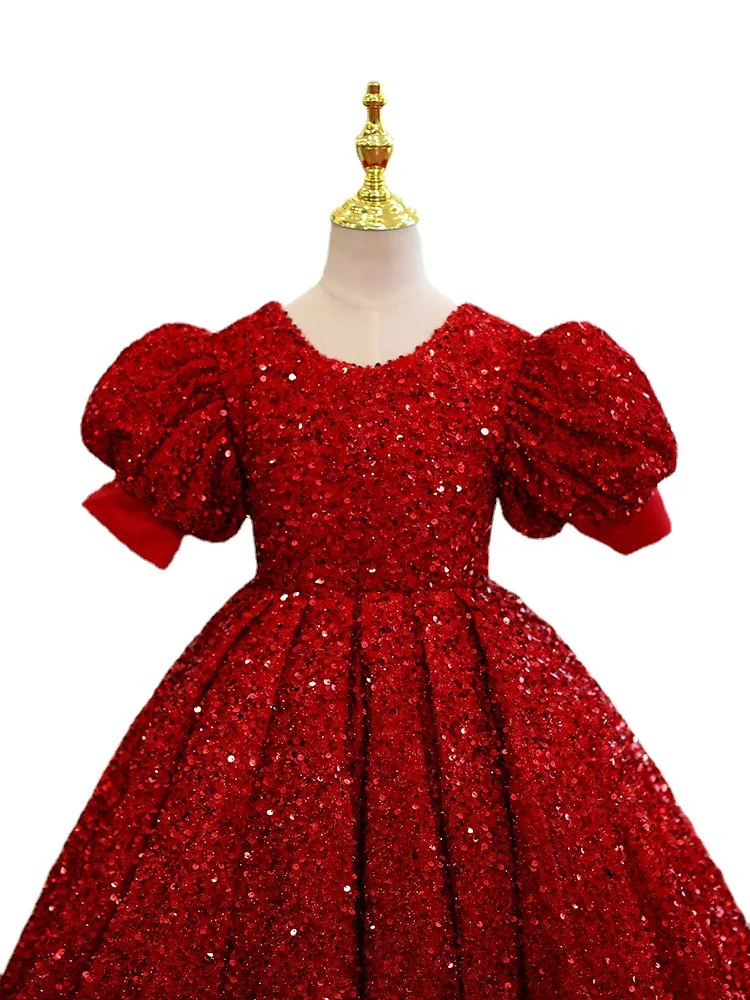 Robe longue rouge à fleurs pour filles, en tulle pailmétrage, robe de première communion, de reconstitution historique, de fête d'anniversaire