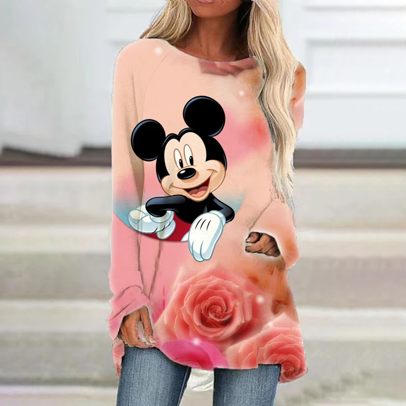 Spring and Autumn New Mickey Minnie Cartoon Women's Round Neck Loose Long Sleeve Pullover T-Shirt Versatile Casual T-Shirt Top