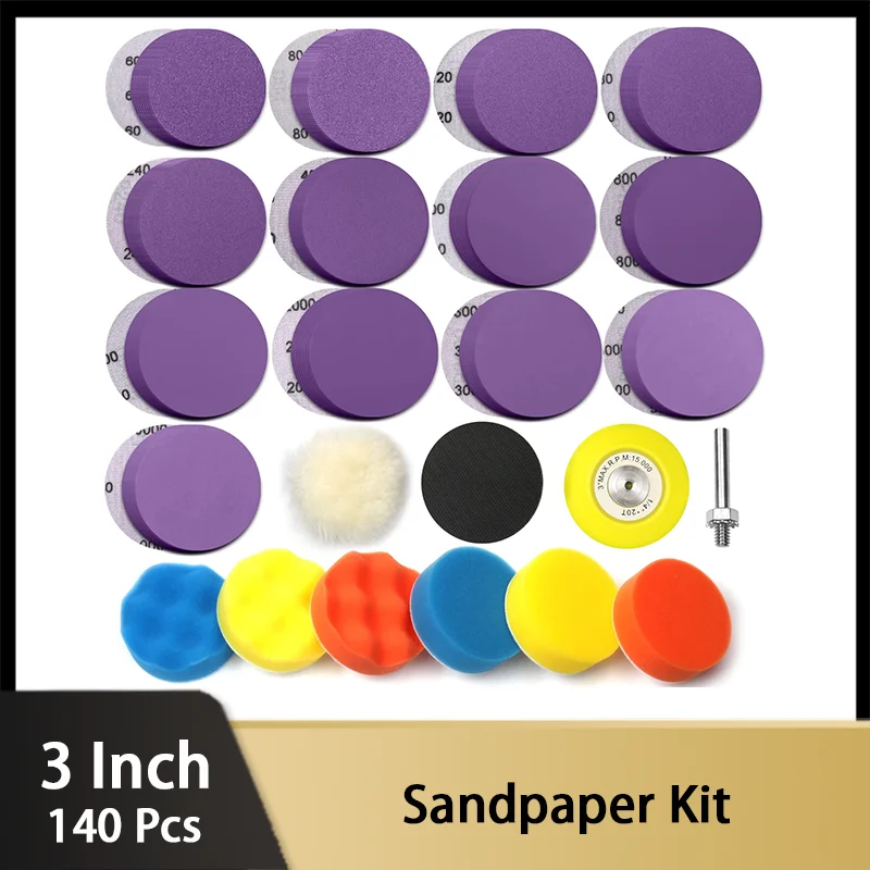 3 Inch Sandpaper Kit 130Pcs Wet & Dry Purple Hook & Loop 60-10000 Grits with Backing Pad Sponge Polishing Pads Interface Buffer