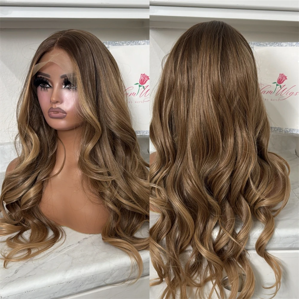 13x4 Middle Part Ombre Brown Synthetic HD Lace Front Wig Soft Long Wave Wig Glueless Preplucked Hairline 24 Inches High Quality
