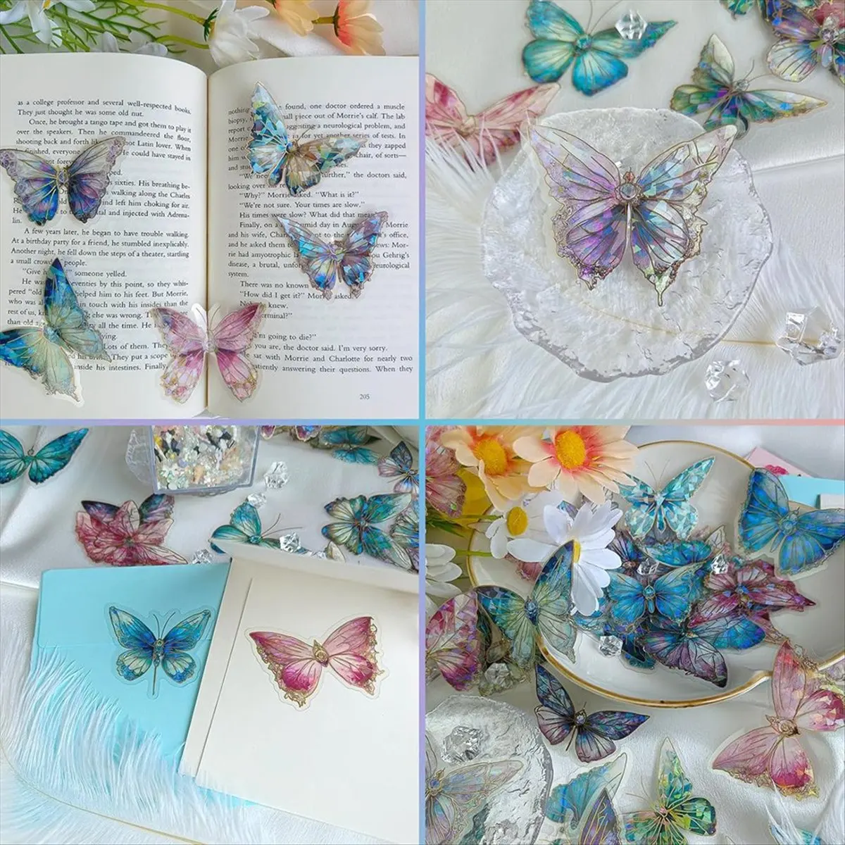 AABFK Holographic Butterfly Stickers Bulk - 160Pcs Crystal Glitter Transparent 3D Gold Foil Outlining for Crafts