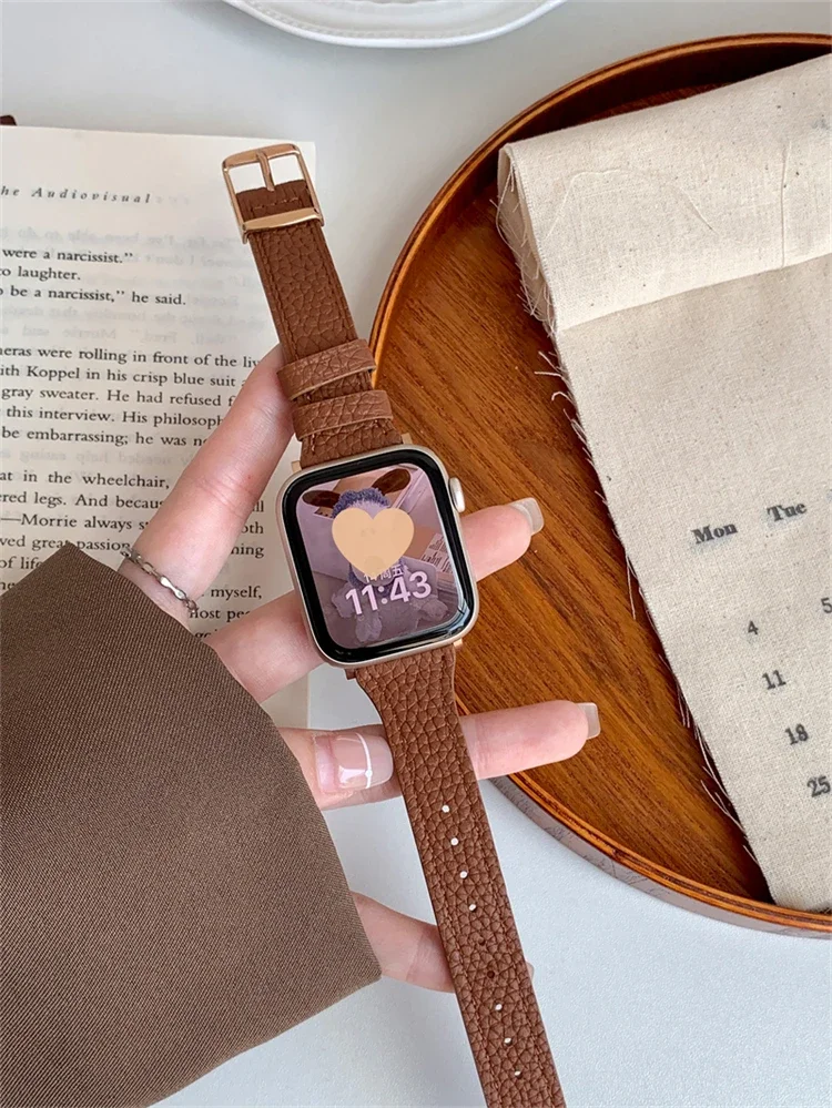 Retro Lychee Pattern Small Waist Leather Strap For Apple WatchBand 49mm 41mm 38 40mm Slim Band For iwatch Series 8 7 SE 6 5 4 3