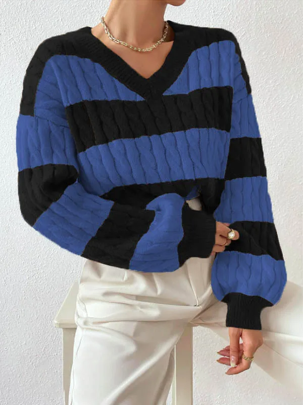 Autumn Long Sleeve V Neck Tops Loose Stripes Knitted Sweater T Shirt 2025 Fashion Pullover Harajuku Women Clothing Jumper
