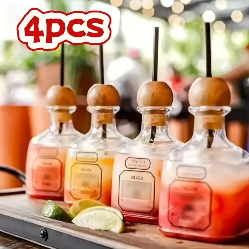 Botellas pequeñas de plástico transparente reutilizables de 12.68 oz – Juego de 2 o 4 | Perfecto para vino, champán, cócteles, mocktails y recuerdos de fiesta | Incluye Pajitas | Ligero y Fácil de Llenar | Ideal para Bodas, Celebraciones y Regalos