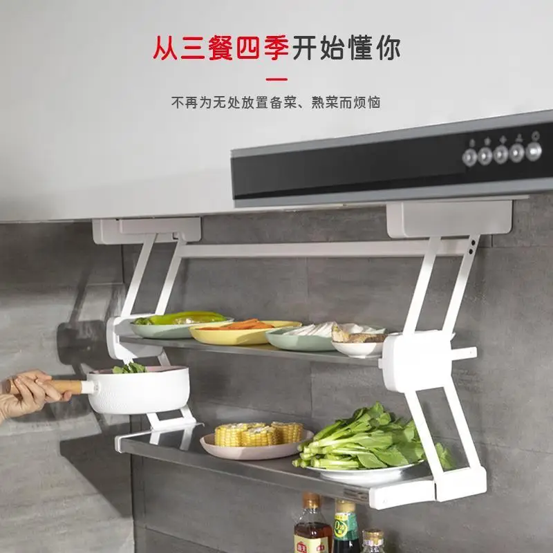 Kitchen storage rack, hanging cabinet pull-down folding stainless steel storage rack