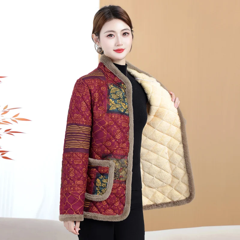 Damska kurtka zimowa z polaru w stylu retro 2025, ocieplana kurtka bawełniana dla kobiet w średnim wieku, kurtka codzienna plus size.