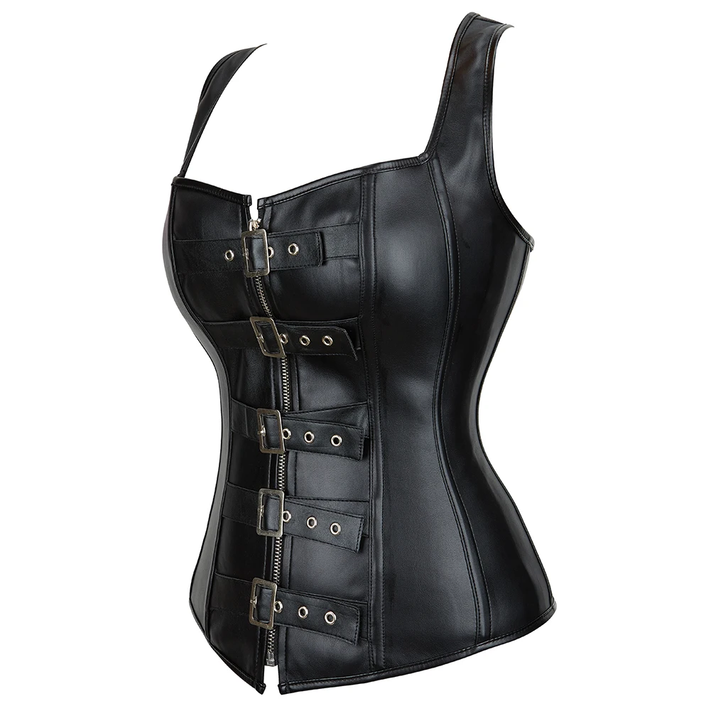 

Faux Leather Overbust Corset Top Shoulder Strap Corselet Black Zipper Buckled Bustier Waist Trainer Vest