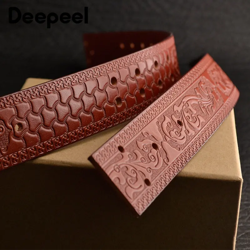 1Pc Deepeel3.8cm Pure Cowhide Men\'s Belts Copper Screws Buckle for Embossed Genuine Leather Waistband Male Retro Belt with Jeans