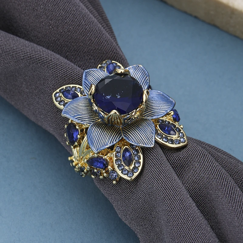 Luxury Blue Red Cubic Zirconia Floral Statement Ring Two-Tone Color Ring Elegant Cocktail Ring For Women Party Wedding Jewelry