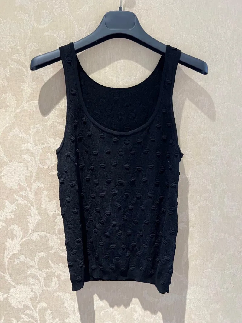 2024 Basic Fashion Exquisite Dark Checkered Black Tank Top for Women, High Quality 3D Jacquard Knitted Women's Tank Top