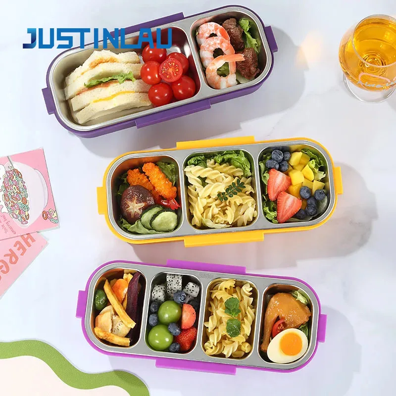 JUSTINLAU 1 PC 304 Stainless Steel Cartoon Sealed Lunch Box  Student Portable Leak Proof Lunch Box 2/3/4 Compartment Bento Box