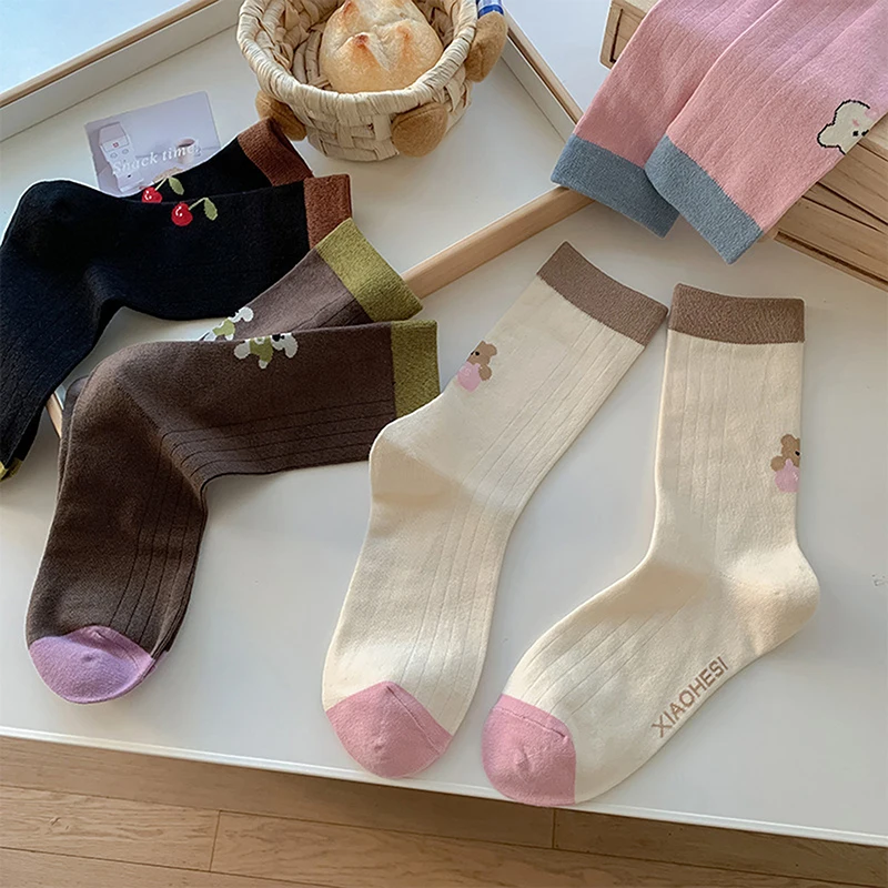 Cute Back Heel Bear Animal Print Cotton Socks Fashion Autumn Winter Warm Breathable Sweat-wicking Middle Tube Socks Girls Gifts