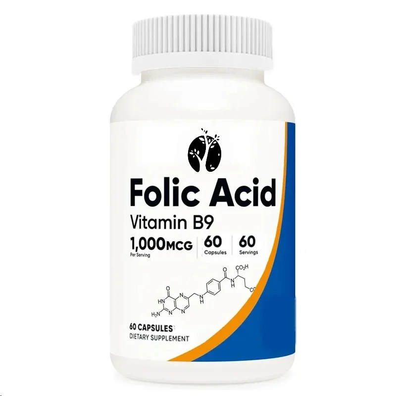 High quality folic acid (vitamin B9) 1000 mcg, 60 capsules non GMO, soy free, gluten free