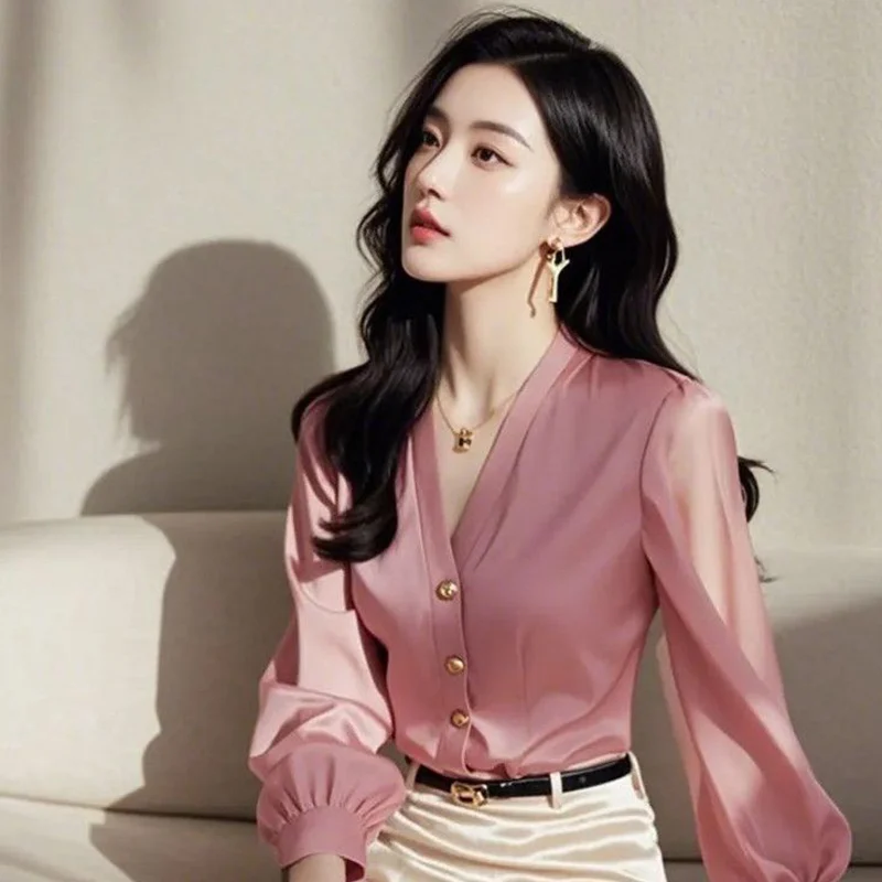 

2025 Autumn New Office Lady Simplicity Patchwork Solid Color V-neck Long Sleeve Blouse Ladies Temperament Buttons Cardigan Tops