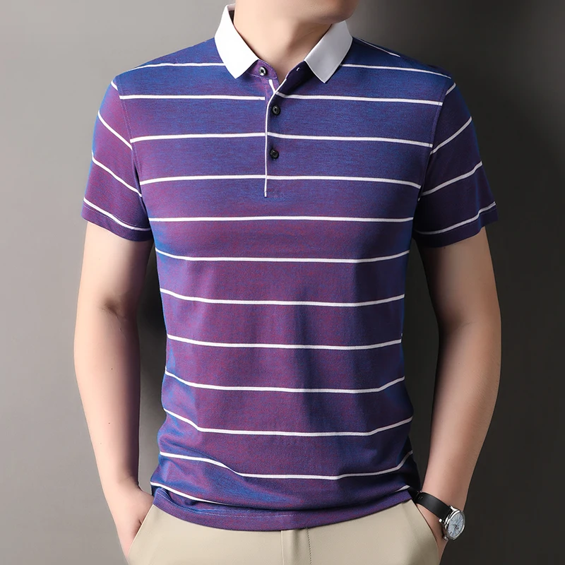 

Мужская рубашка поло из хлопка и полиэстера, с коротким рукавом и полосатым принтом, летняя качественная мягкая удобная повседневная рубашка с лацканами Camisas De Hombre