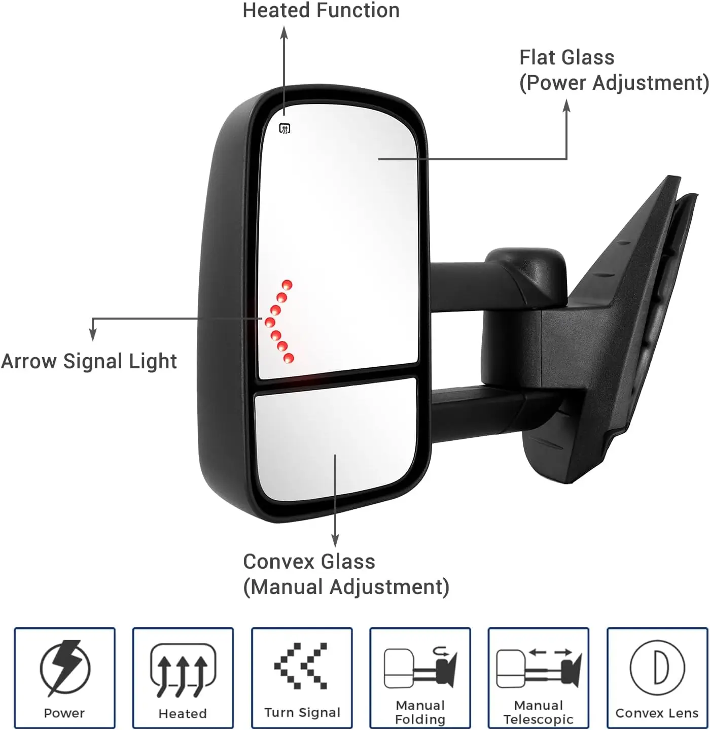 Towing Application, Glass Material, No Color Mentioned, Power Glass LED Arrow Turn Signal Light, Heated, Extendable Side Mirrors