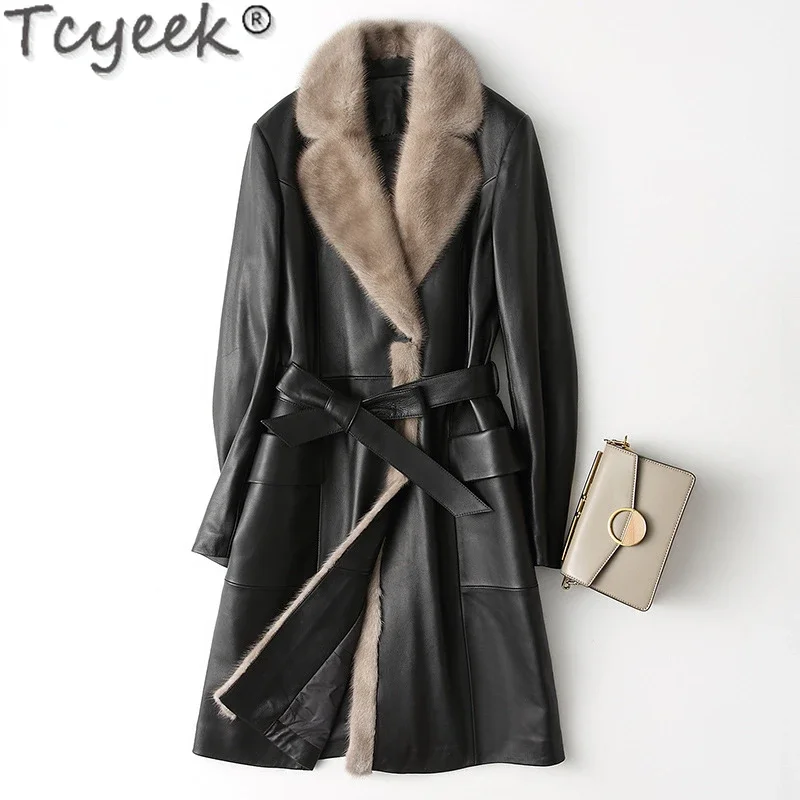 Tcyeek Real Leather Jacket Women's Puffer Jacket Sheepskin New Winter Coat Black Long Jacket Female Windbreaker Jaqueta Feminina