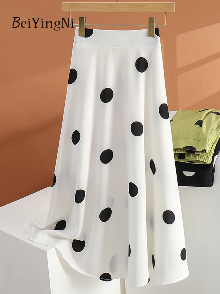 

Beiyingni Hepburn Elegant A-line Skirts for Woman Polka Dot Printed Chiffon Spring Autumn Midi Skirts Ladies White Black Jupes
