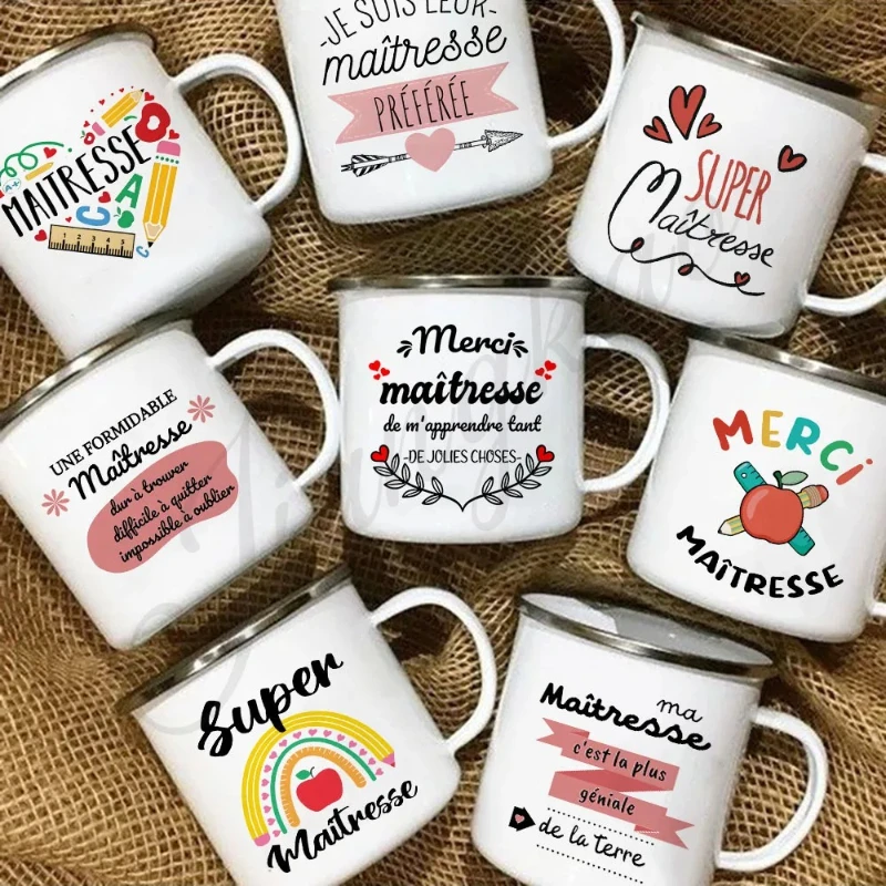 

Merci Maitresse French Printed Mug Creative Coffee Cup Drinks Enamel Cup Handle Drinkware Teacher's Day Thanks Gift for Teacher