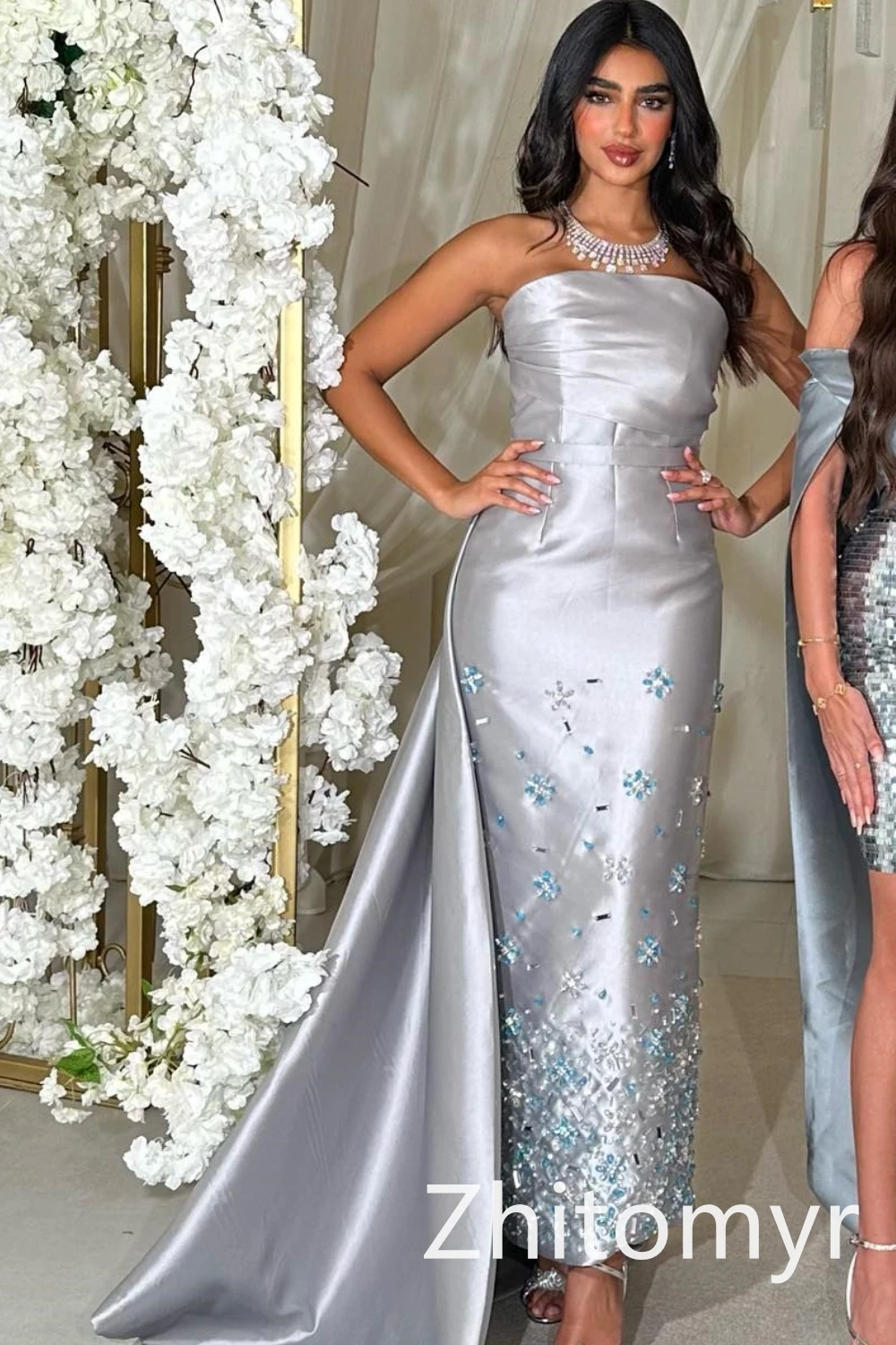 Exquisite Strapless Sheath Prom Dresses Rhinestone Watteau Paillette / Sequins Taffeta Anke length Evening vestidos