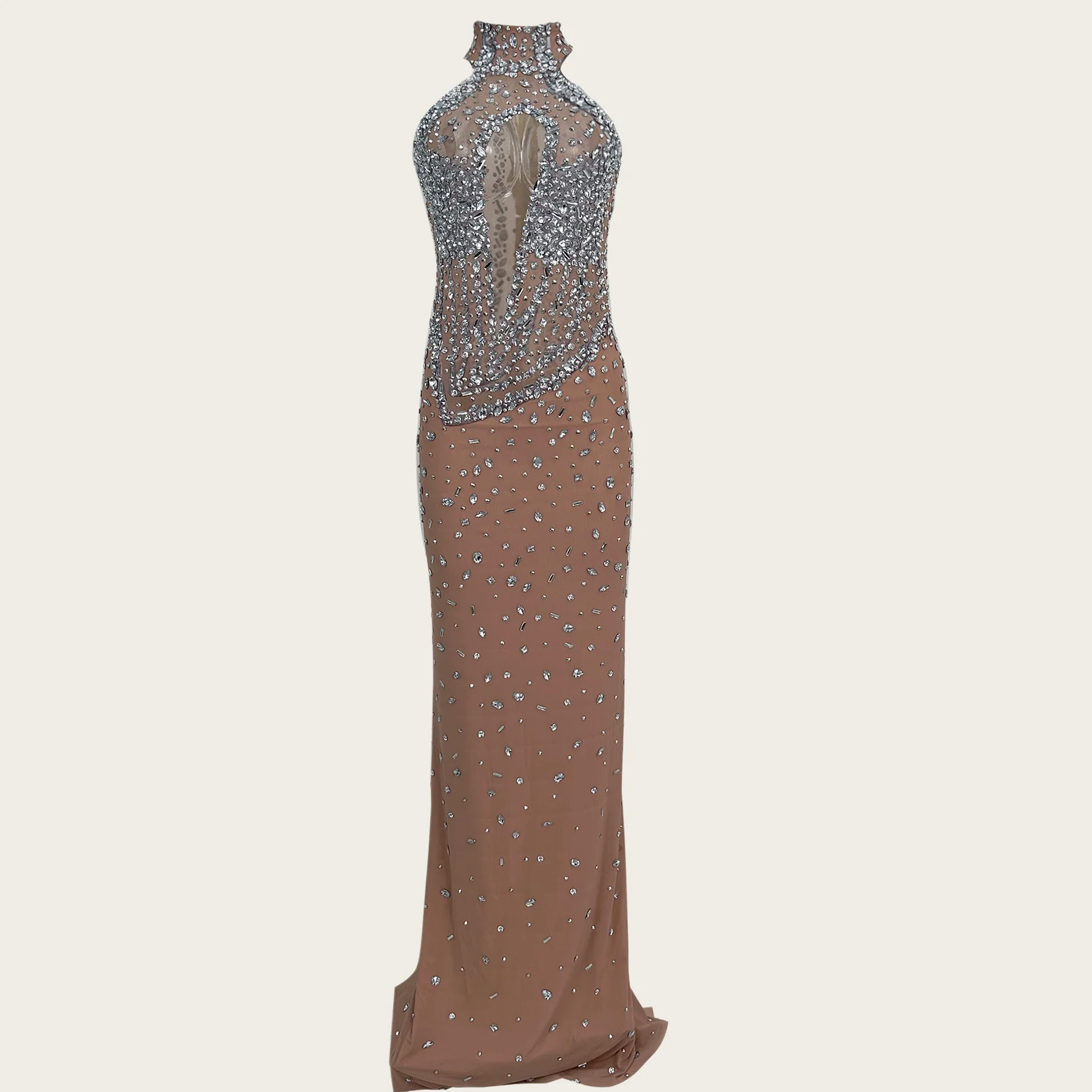 Sexy Women Hollow Out Evening Gown See Through Mesh Trailing Maxi Dress Sparkly Rhinestone Formal Gala Event Party Dress Xiagu