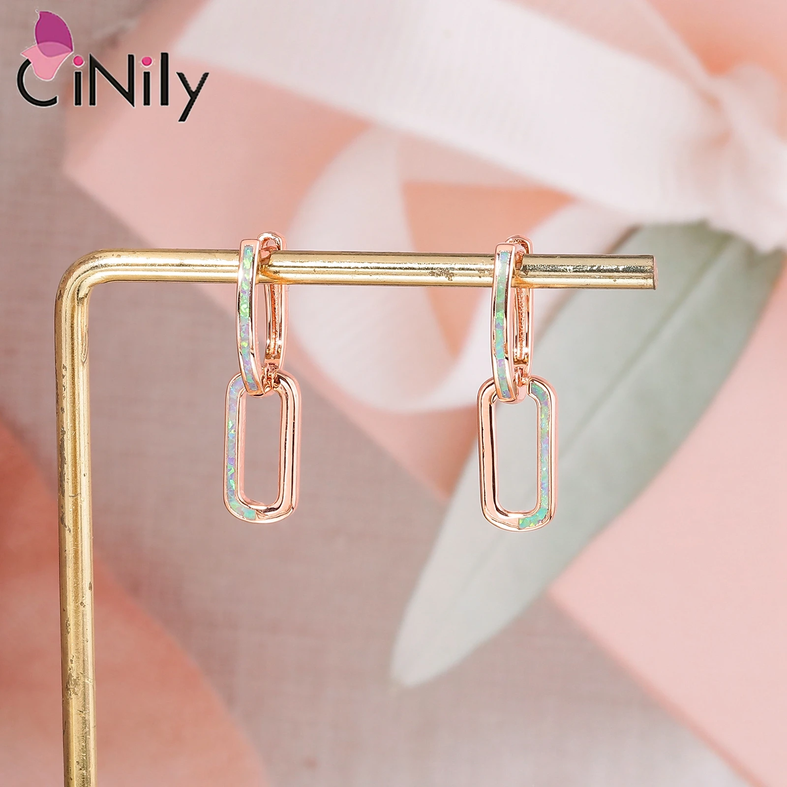 CiNily Paperclip Degsin Hoop Earrings with Opal Gemstone Rose Gold Plated Chain Link Earrings for Women Delicate Jewelry Gifts