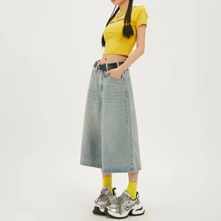 American Retro Blue Wash Cropped Jeans for Women High Rise Denim Short Pants Casual Wide Leg Straight Trousers