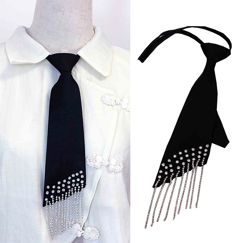 Punk Gothic Necktie Metal Chain Crystal Pearl Pendant Bowtie Adjustable Pre-tied Ties JK Dress Shirt Decoration Evening Jewelry