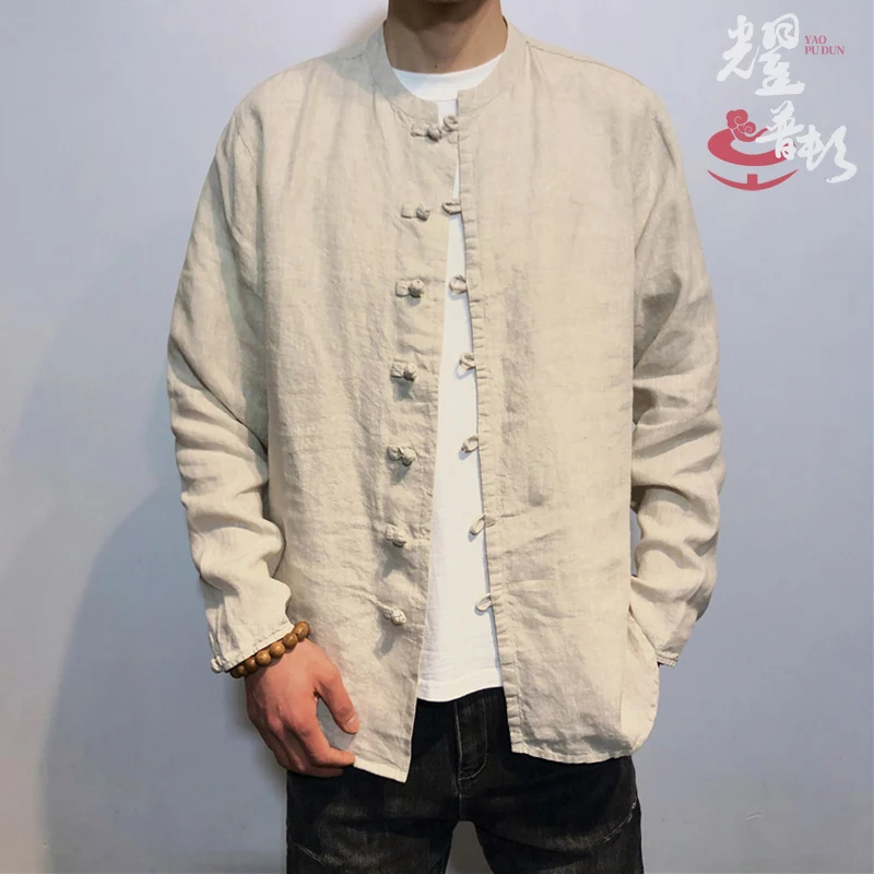 

Весенне-летняя тонкая рубашка из чистого льна с длинным рукавом, свободного кроя, на пуговицах, в китайском стиле, мужская одежда, традиционный костюм Тан, повседневный...