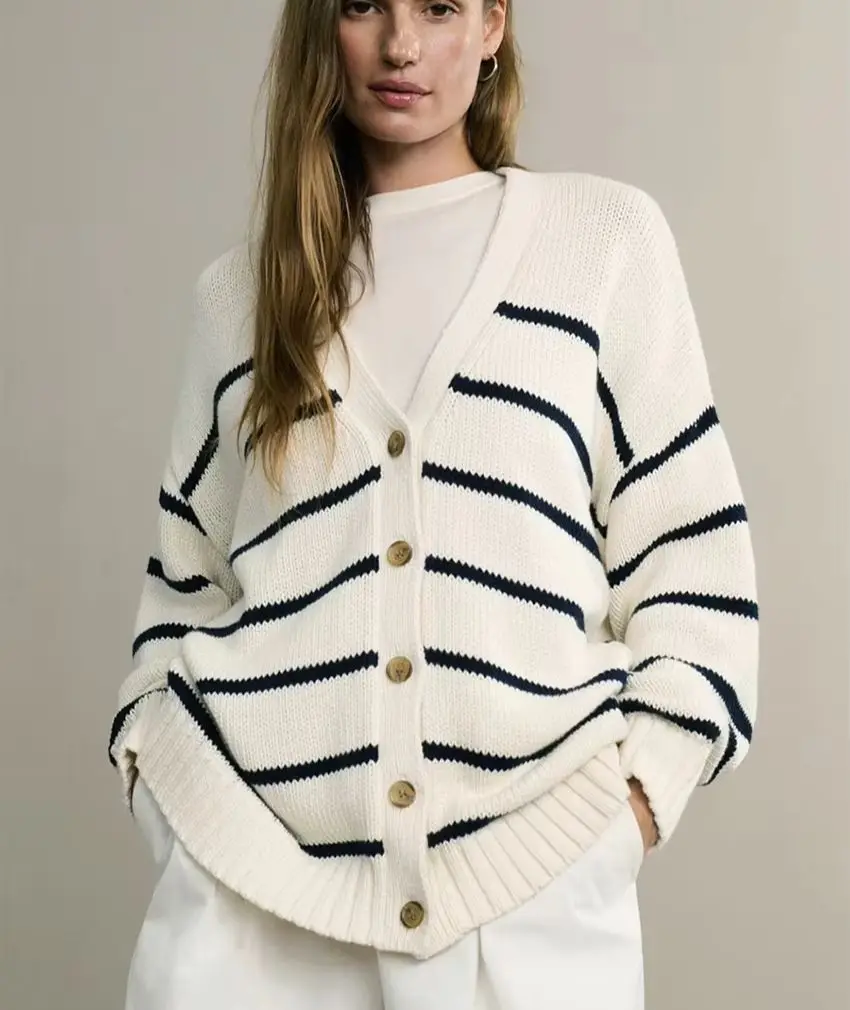

WXOY Women Striped Cardigan Oversized Sweaters V Neck Button Down Long Sleeve Open Front Ribbed Knit Outerwear