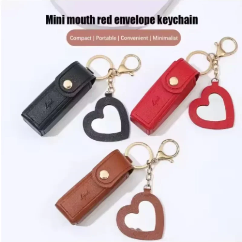 Custom Mini PU Leather Portable Keychain Lipstick Makeup Pouch Lip Balm Bag Keyring Creative Small Mirror Car Bag Hanging Gift