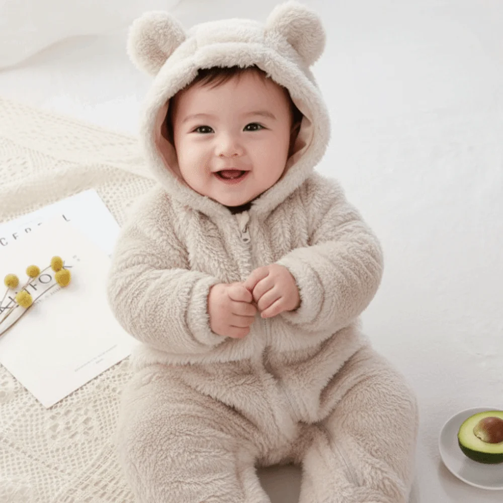 

Thick Warm Baby Rompers Bear Shape Coral Fleece Infant Jumpsuits Hooded Zipper Soft Velvet Newborn Pajamas Winter Season