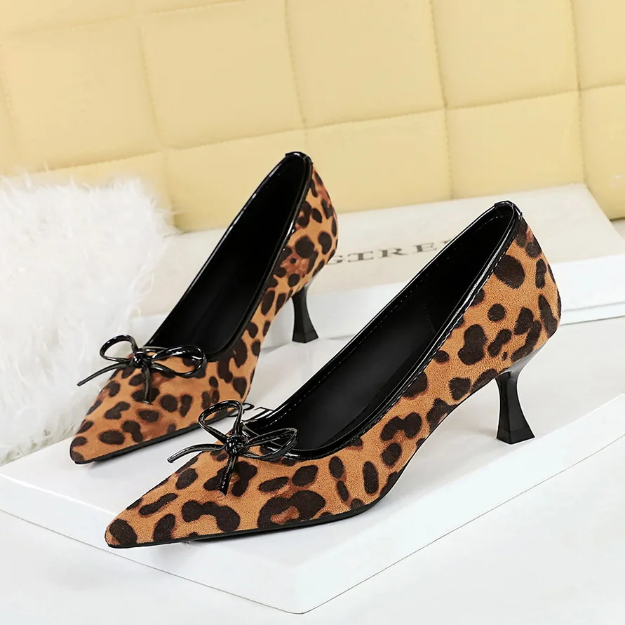 BIGTREE Leopard Print Butterfly Knot Middle Heel 6cm Women Shoes Suede Pumps Shallow Mouth Heels Pointed Stiletto Banquet Shoes