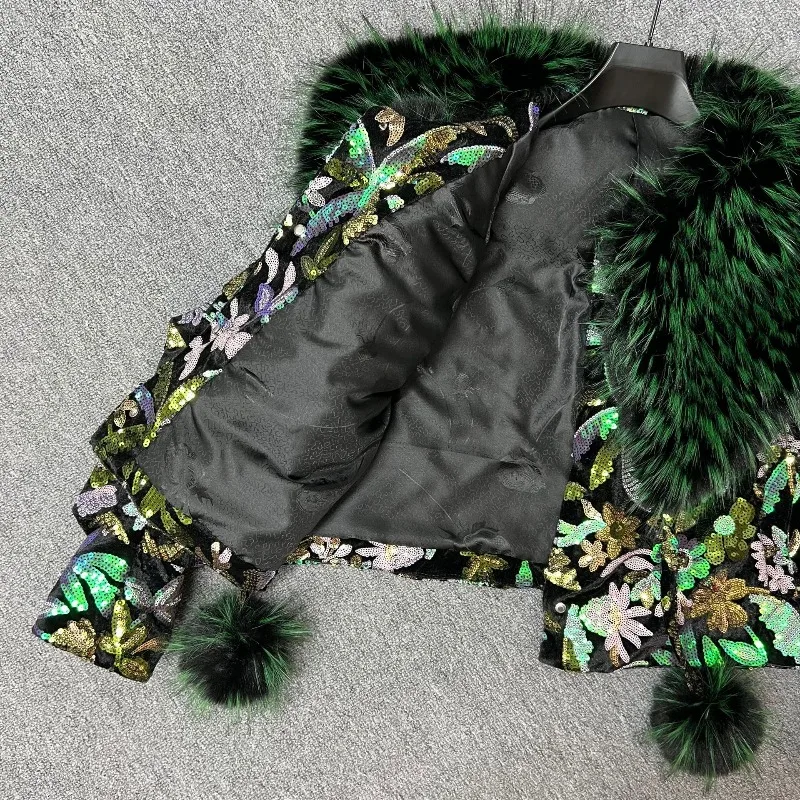 ファッション大型ファー襟キルティング厚手暖かいコート レディース スタイリッシュなスパンコールフェイクファー トップス 冬新作 ショート丈シングルブレストコート