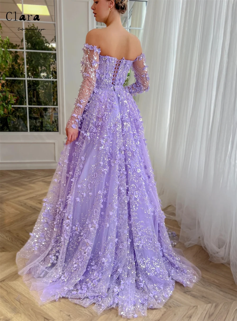 Clara Custom Lila Blume A-Linie Schulterfreie Abendkleider Damen Hochzeitsgastkleider Luxus 2025, für Party-Abschlussballkleid