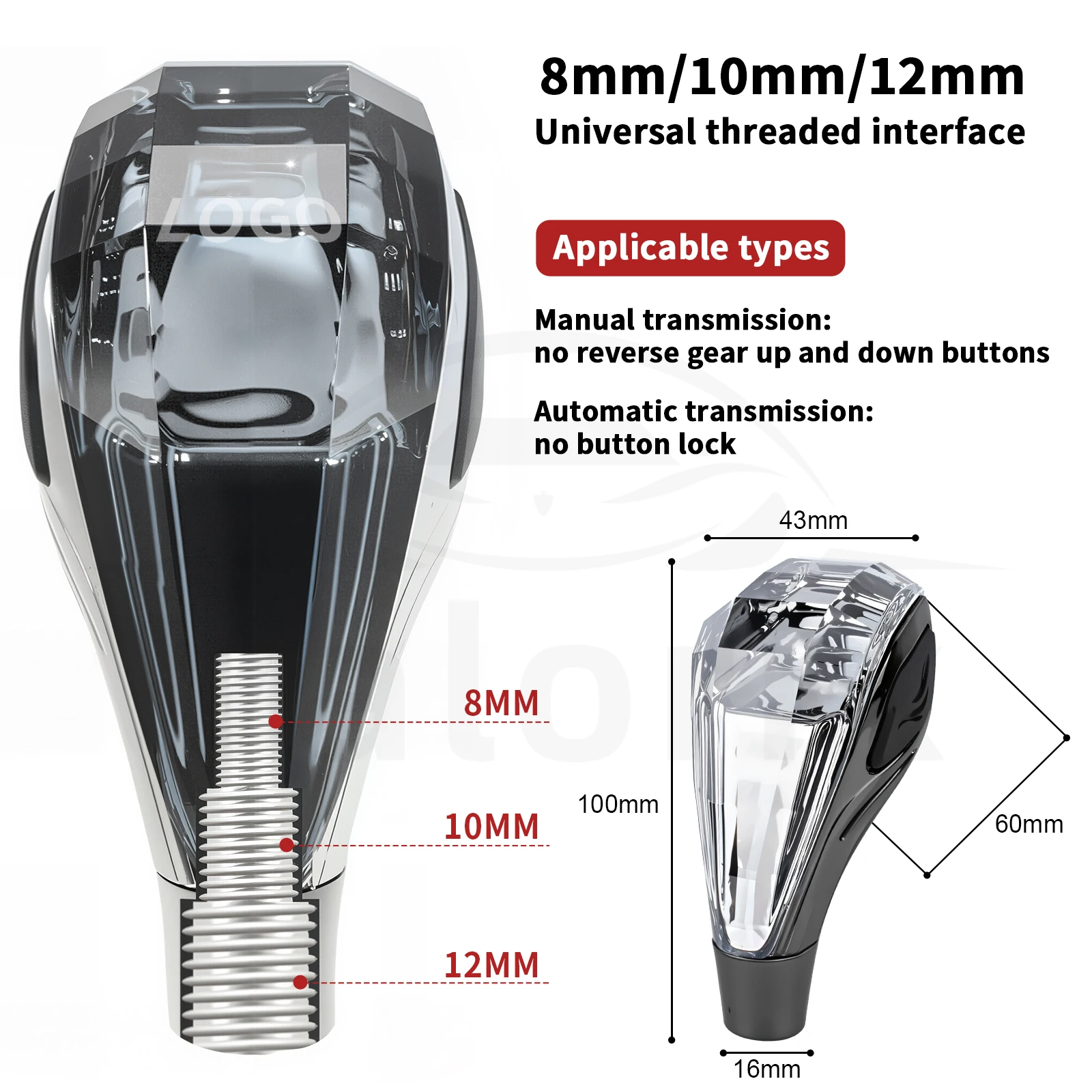Car Universal Gear Display LED Crystal Handle Manual Transmission Shift Knob Rod Head 8mm/10mm/12mm Threaded Rod