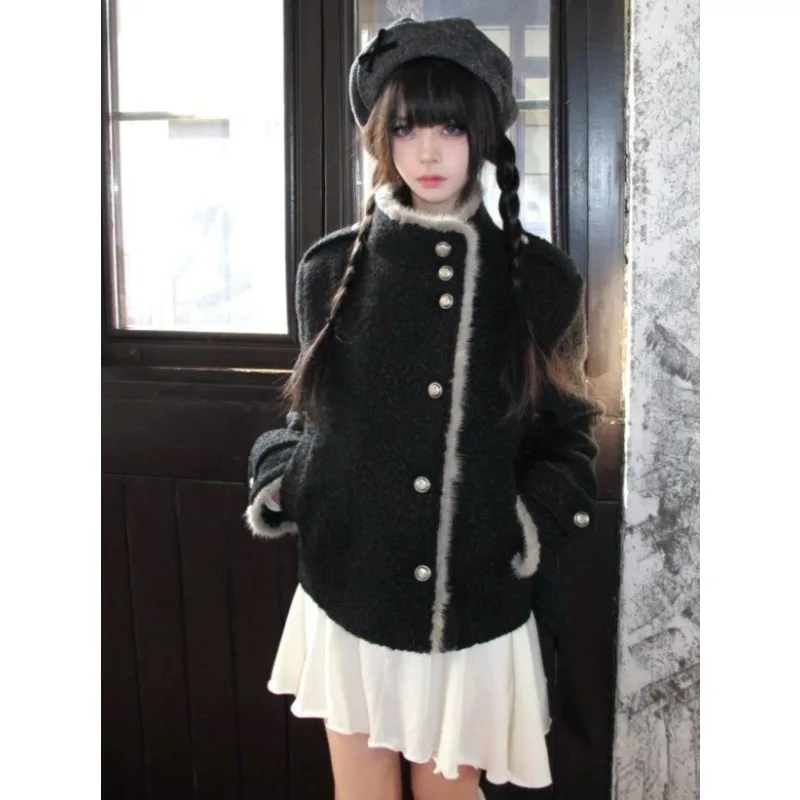 Japanese Kawaii Faux Fur Jackets For Girls Y2k Sweet Vintage Jackets Chic Elegant Subculture Holidays Turtleneck Overcoat 방수자켓