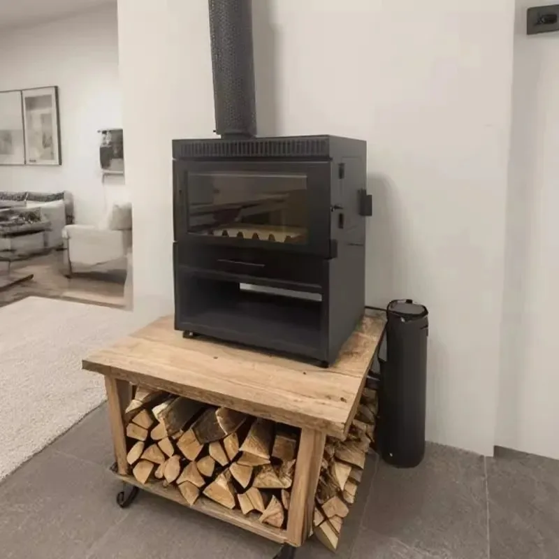 Real fire burning wood fireplace, home wood heating stove, winter indoor rural European-style villa homestay