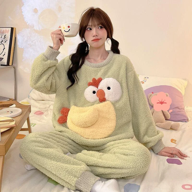 

Women's Pajamas Sleepwear Homewear Half Velvet Pajamas Winter Thick Style Cartoon Viral Long Sleeve Warm Set Girls Homewear