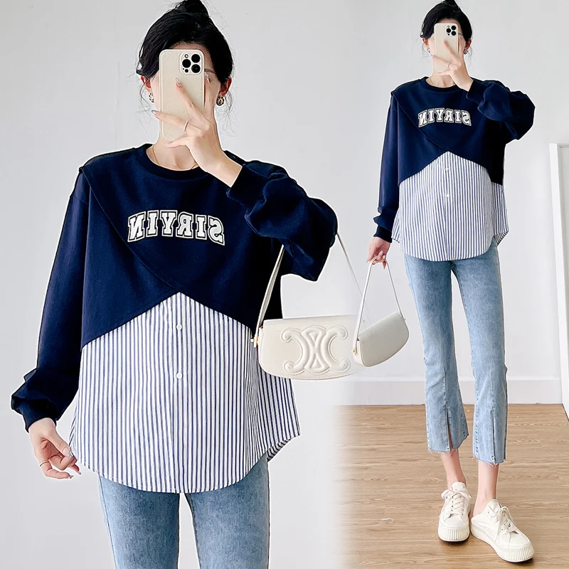 Autumn Fashion Print Maternity Hoodies Plus Size Striped Patchwork Letter O-neck Pregnant Woman Sweater Casual Loose Sweatshirts